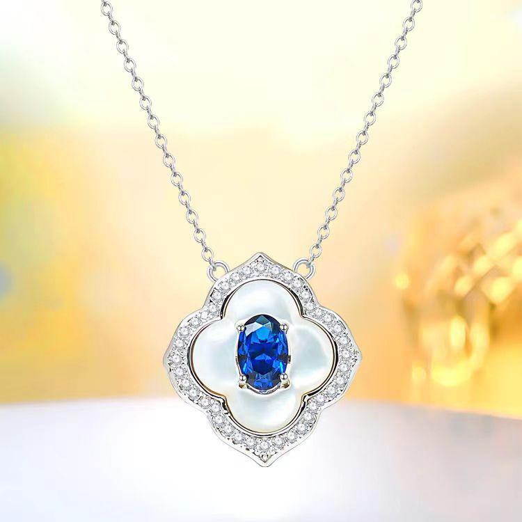 Light Luxury Design Four-Leaf Clover Fritillary Pendant Necklace High Carbon Diamond Ring Blue Spinel Stud Earrings Temperament Colorful Treasure Set