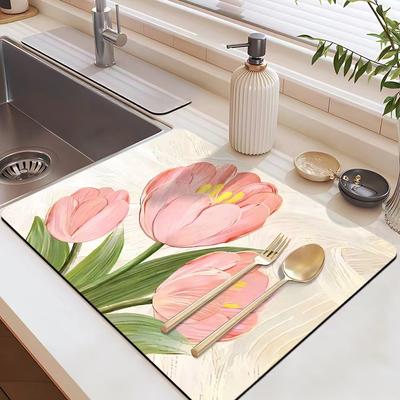 4 pièces Fleur Ménage Cuisine Tapis d'Égouttement Antidérapant Absorbant Porte de Salle de Bain Tapis en Terre de Diatomée