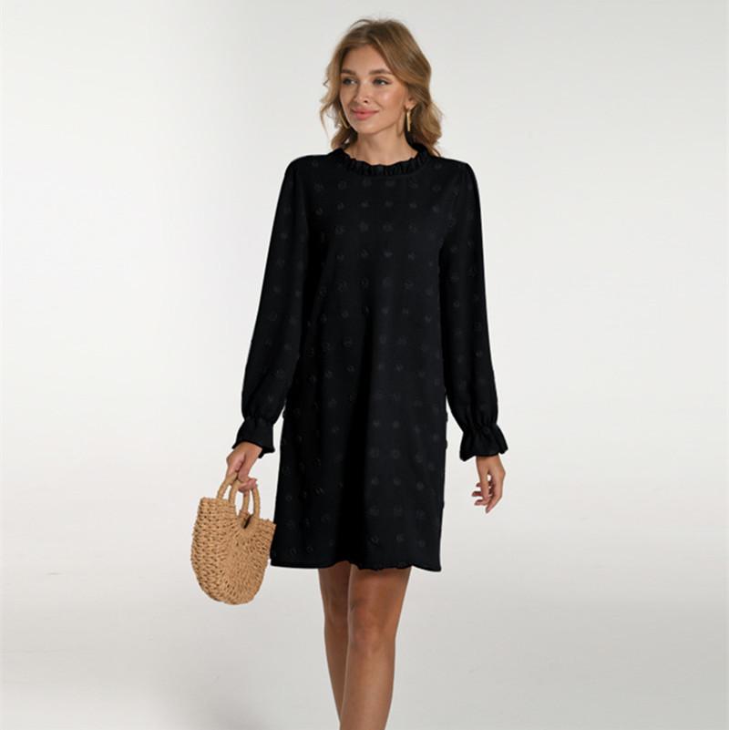 2026 Trendy Women s Bubble Embroidery Pompom Jacquard Long Sleeve Dress Extra Large чёрный