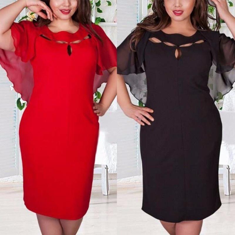 Damska Modna Sukienka Plus Size 6XL z Wycięciami, Krótkim Rękawem, Jednokolorowa, Dla Swobodnego Stylu**
