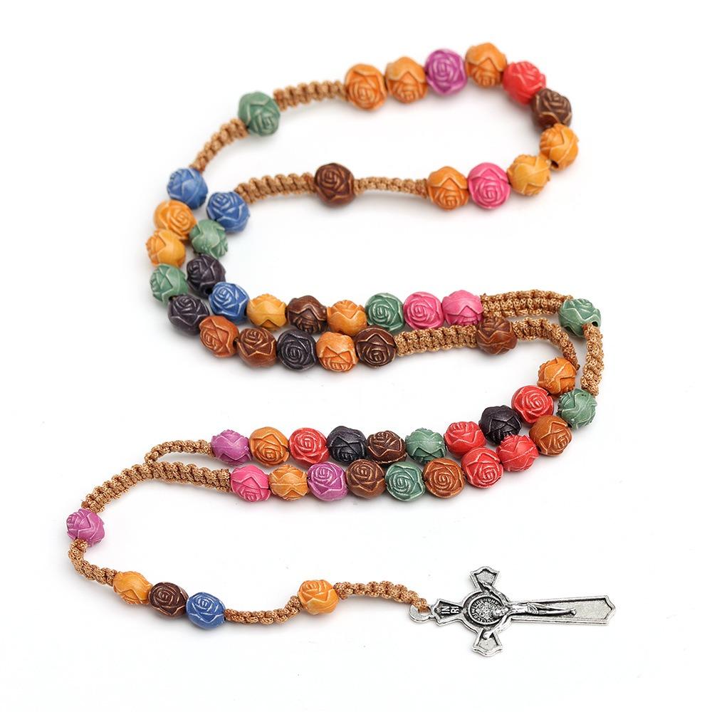 Religious Handmade Rosary Necklace Rose Bead Crucifix Pendant Chain Colorful Cross Necklace  Men