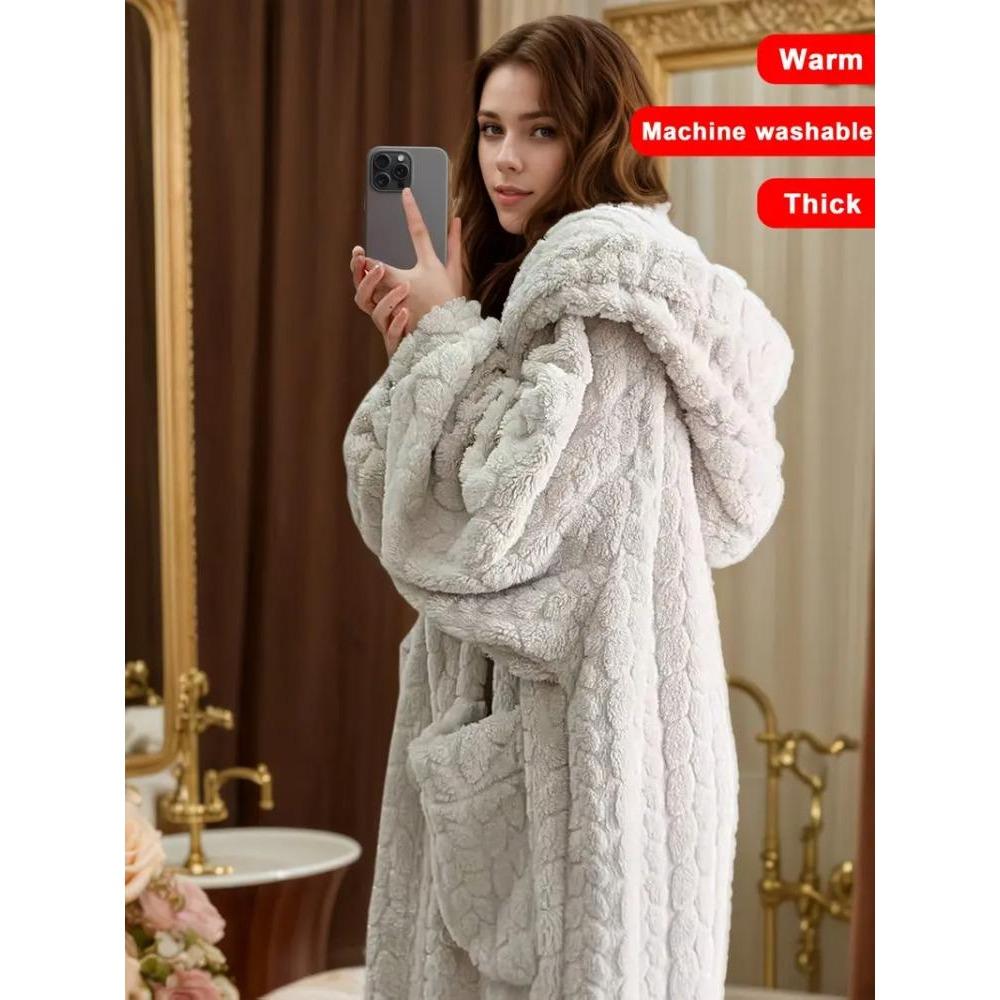 Halat confortabil cu glugă din fleece coral pentru femei - Lung, cald și moale, rochie de lounge cu buzunare, lavabil la mașină - Perfect pentru toamnă/iarnă