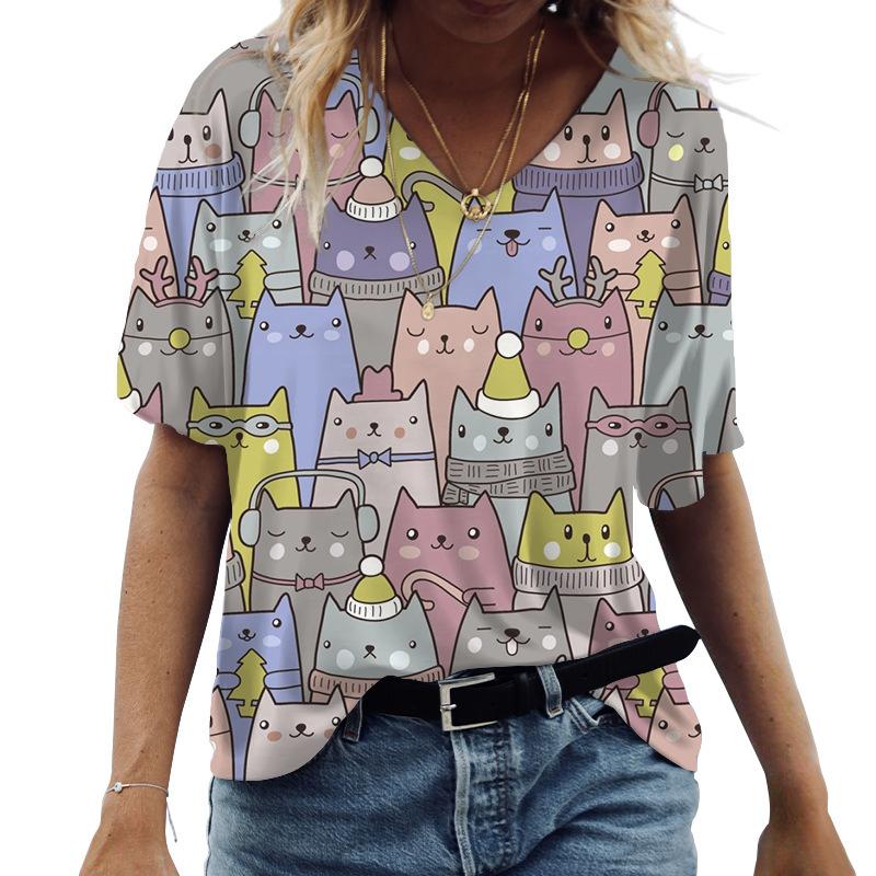 Kawaii Cute 3D Printed Cat Women's T-shirt Women's Clothing Short Sleeve V-neck Summer T-shirt