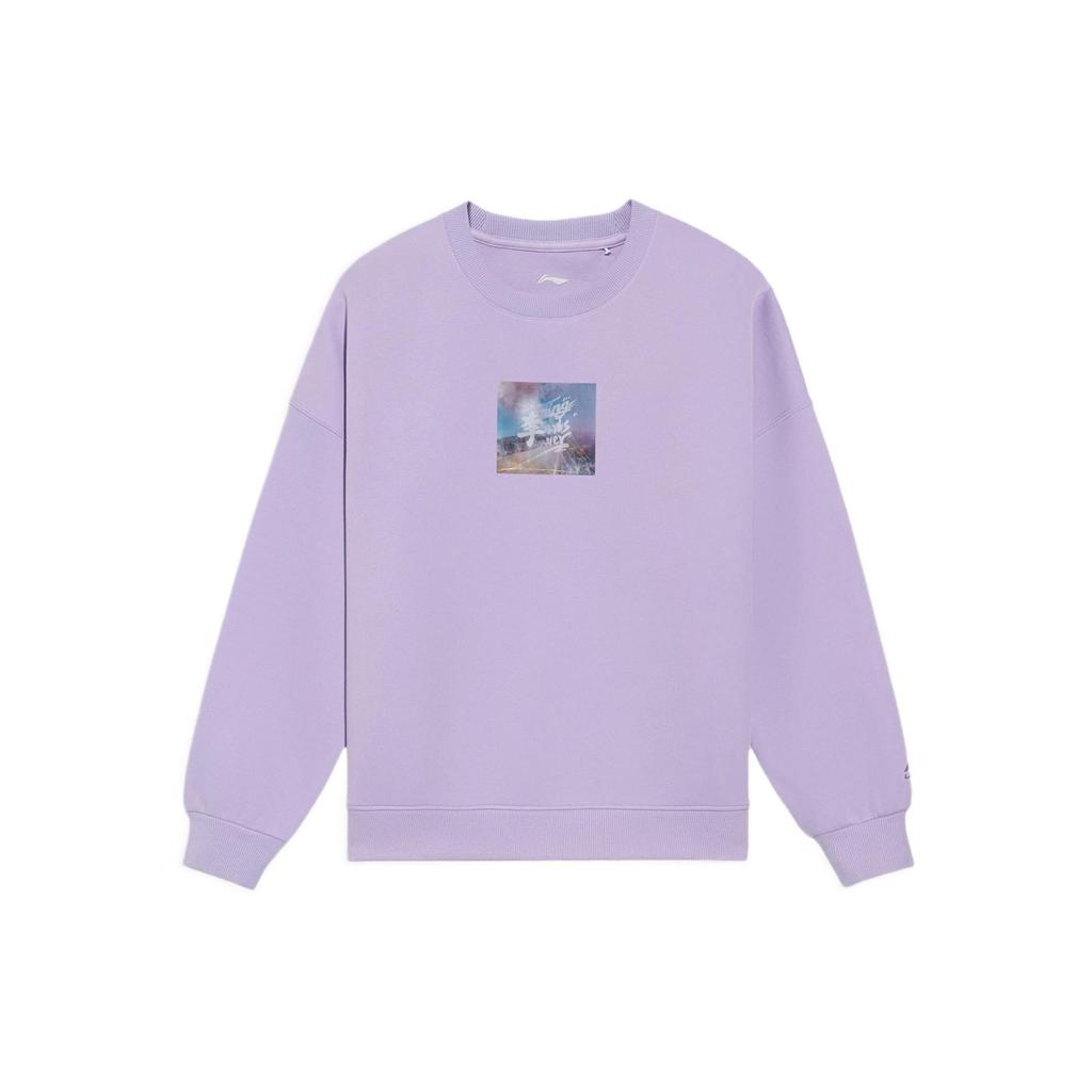 Li Ning Sports Lifestyle Series Logo Print Loose Fit Round Neck Pullover Sweatshirt Women Sweatshirt Purple AWDS042-6