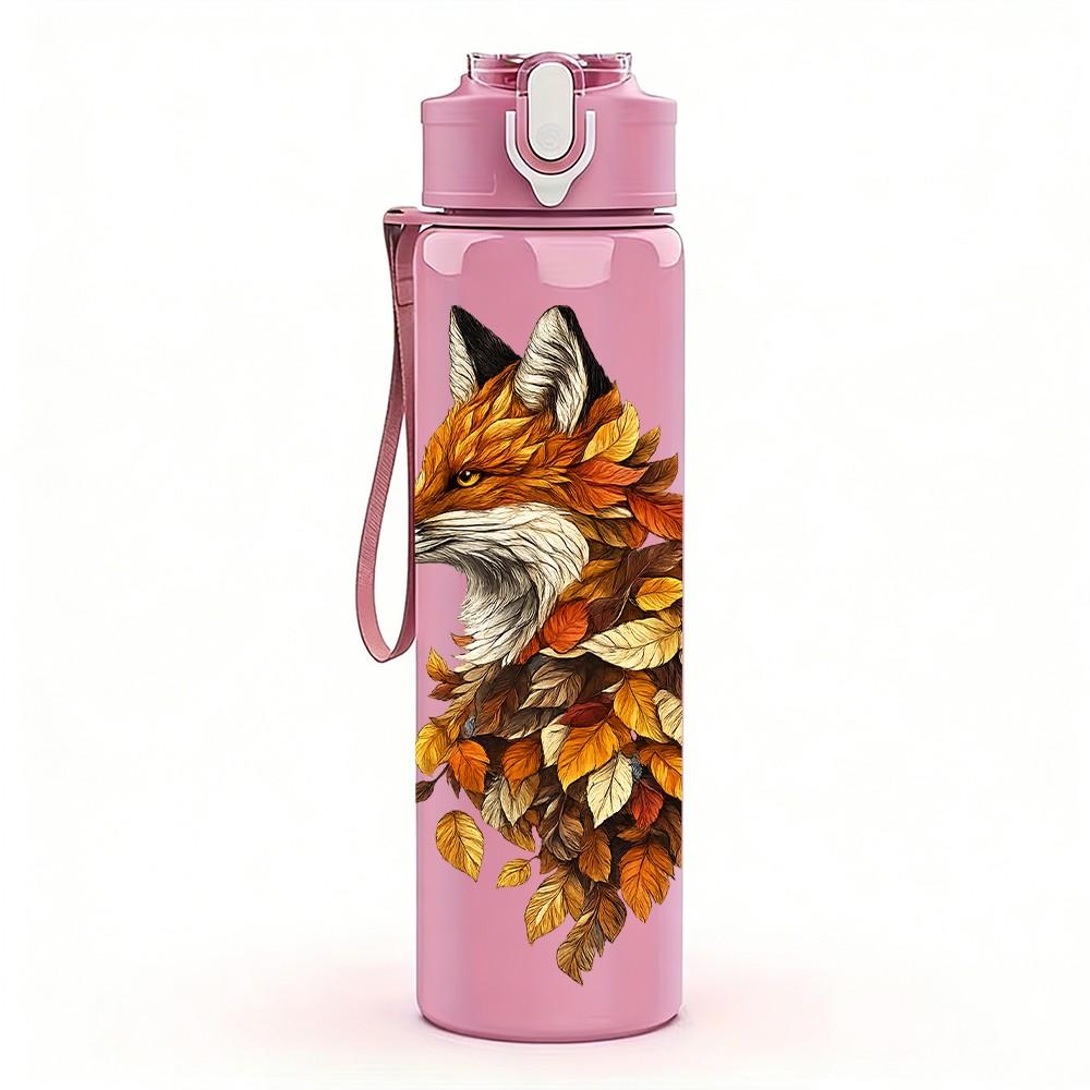 1PC Autumn Leaf Fox Animal Print 750ml Color Plastic Sports Water Bottle Leakproof Flip Straw Lid Suitable for Sports Office Home Use