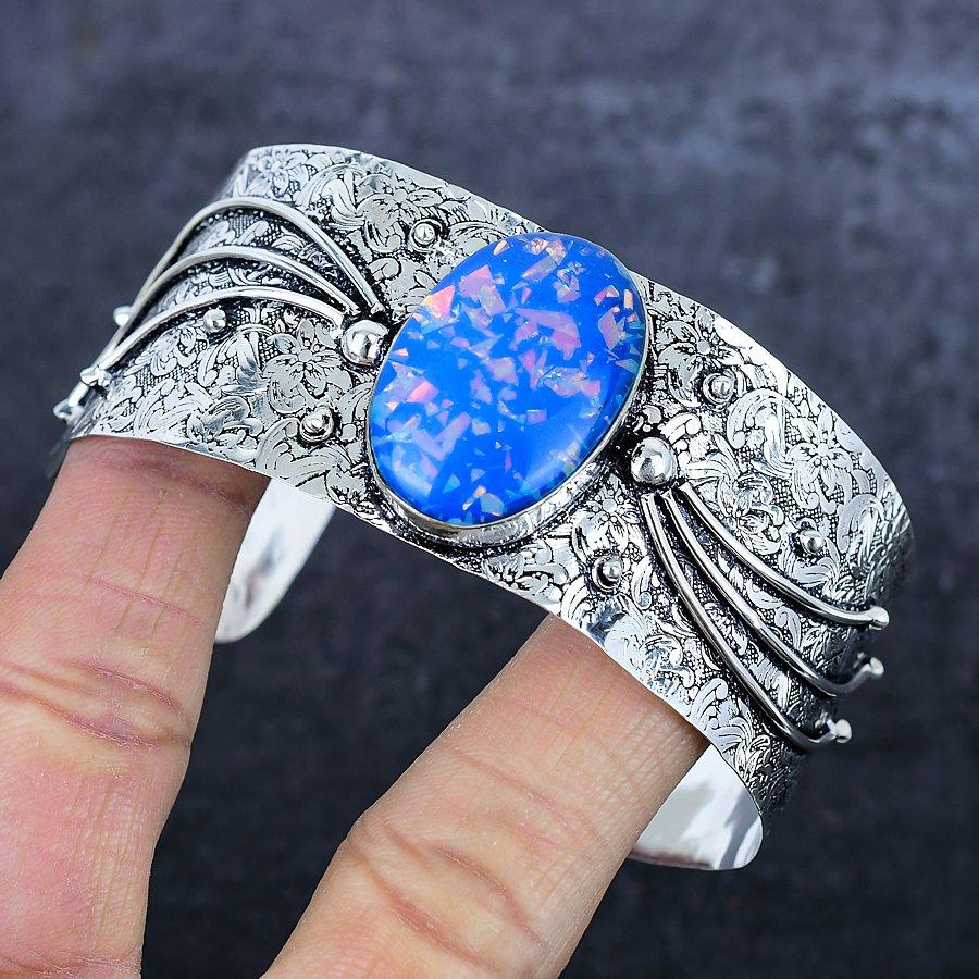 Blue Triplet Opal Gemstone 925 Sterling Silver Cuff Bangle Adjustable