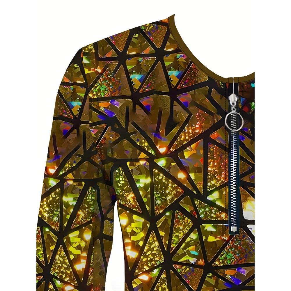 Elegant Casual Comfortable Style Painting Color Geometric Splicing Element Printing Women's Clothing Crew Neck Zipper Long Sleeve