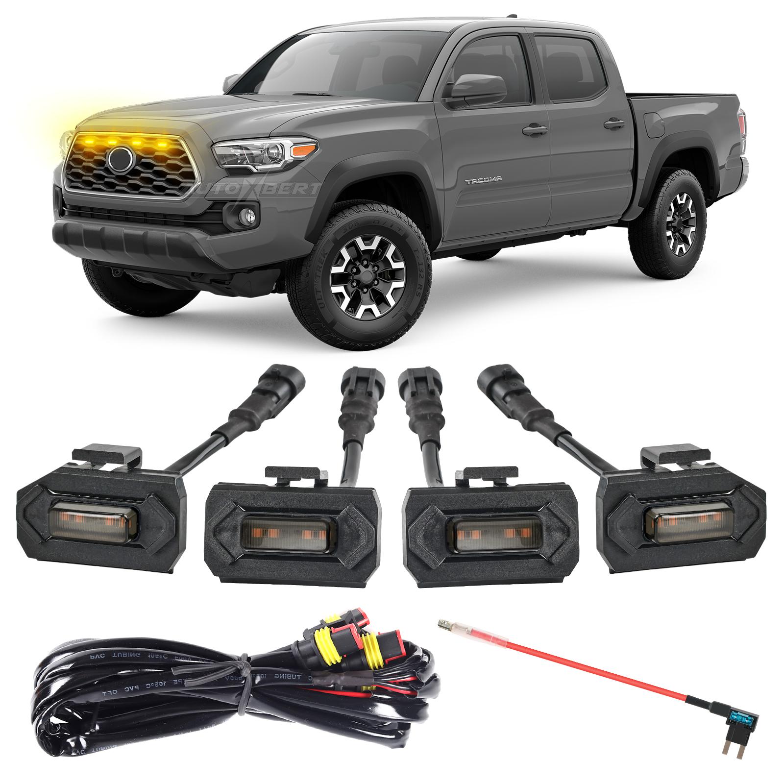 

4x комплект жгутов проводов адаптера для передней решетки со светодиодной янтарно-желтой подсветкой для Toyota Tacoma 2020-2023 TRD Grill Black Shell Raptor-style жёлтый