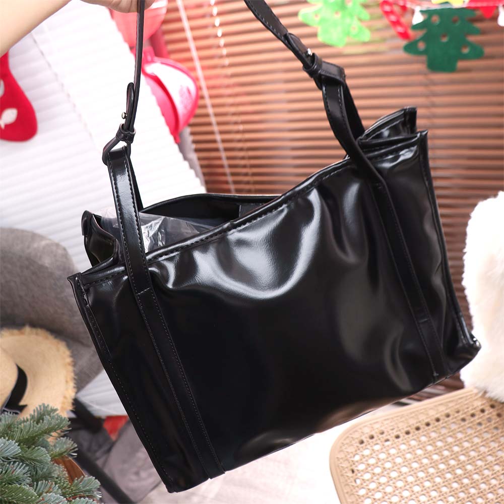 College Student Black Tote Bag Underarm Bag Large Handbag Trendy PU Leather Shoulder Bag  Shopping