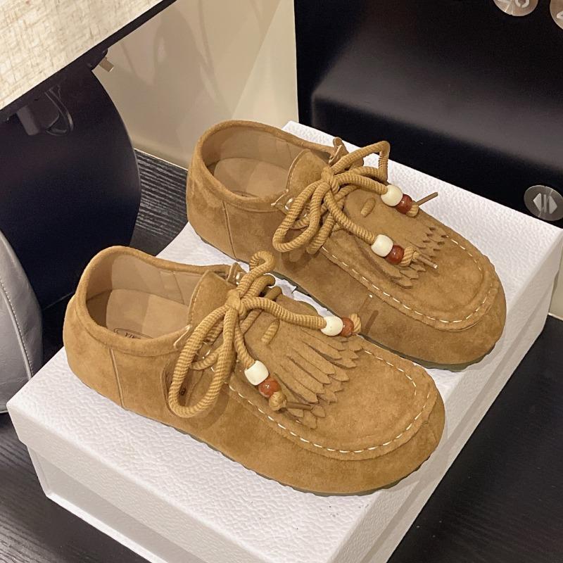 Kangaroo women's autumn new soft-soled flat-soled lace-up casual fringed single shoes women