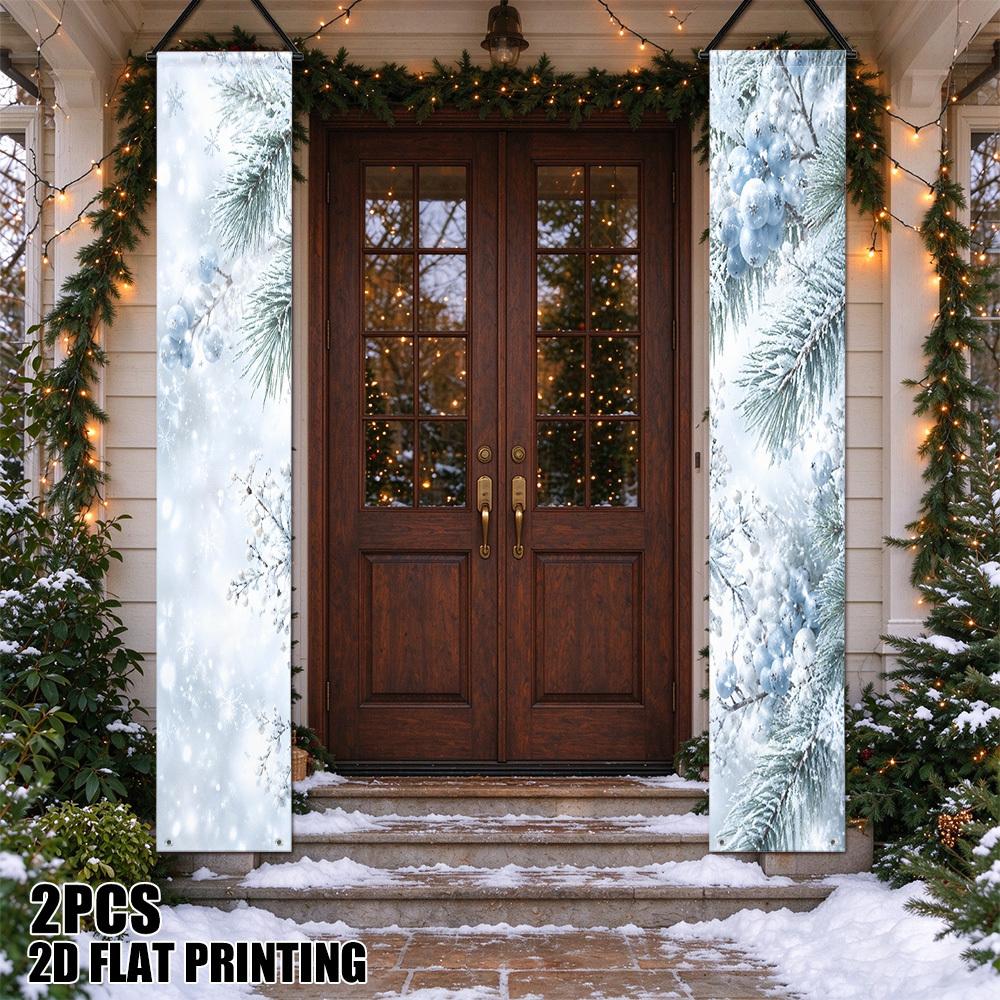 2D Flat, 2D Flat Printing 2pcs Winter Snow Berries Chinese Blessing Couplet Door Decor with Welcome Hanging Flags, Square Suitable for Thanksgiving, F