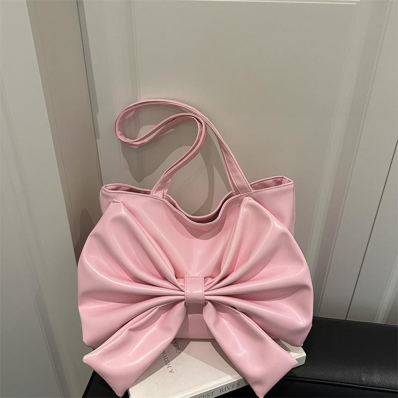 Bow Pleated Design Women's Pu Leather Shoulder Bags Sweet Solid Color Ladies Tote Bag Large Capacity College Female Handbags