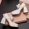 High Heels Women's Wedding Shoes 2025 New Pearl One-word Strap Mary Jane Shoes Thick Heel Round Head Single Shoes French Bridesmaid Shoes
