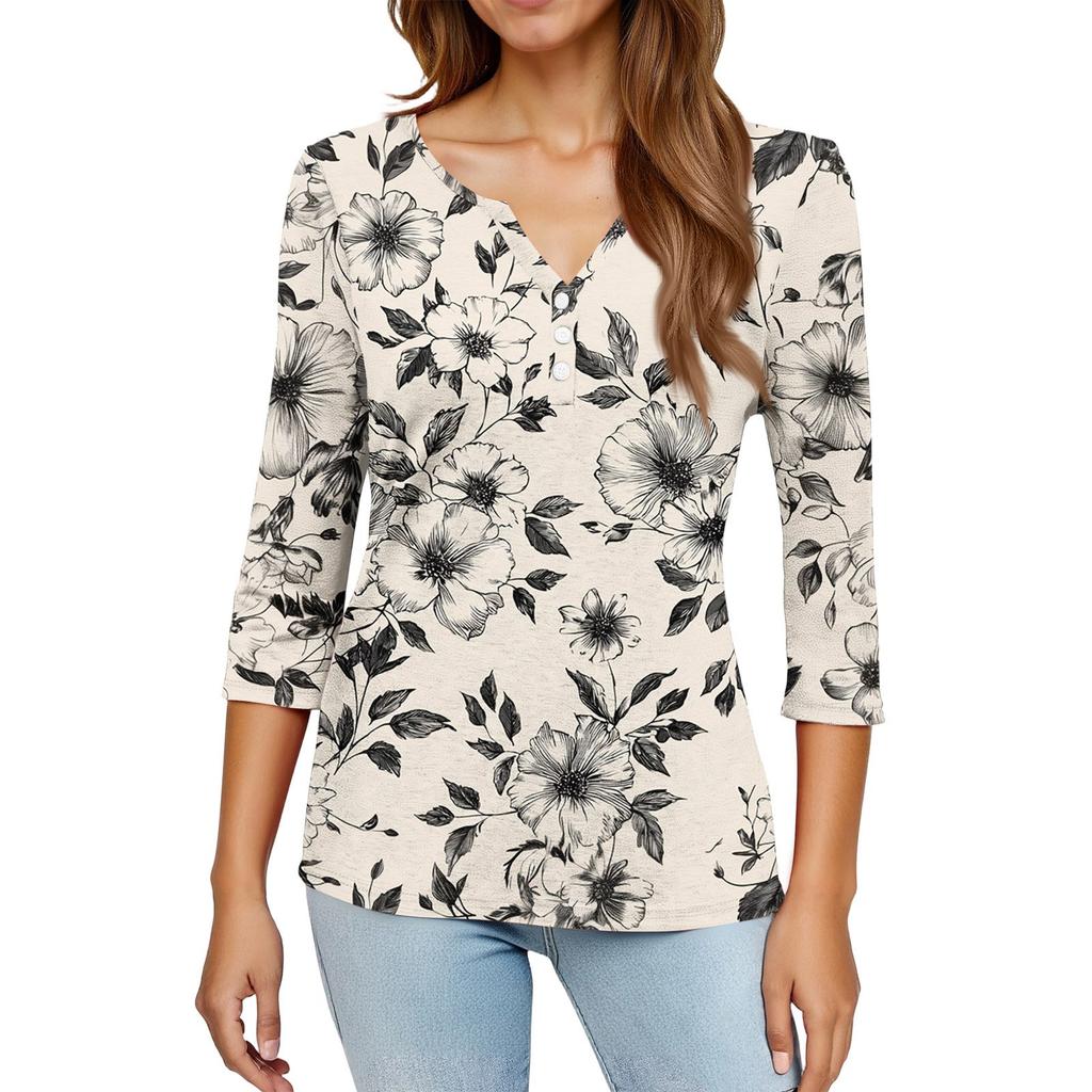 Women's Fashionable Casual Retro Floral Print V,Neck Button,Down Three,Quarter Sleeve T,Shirt Top