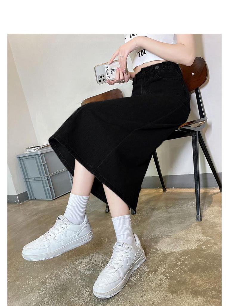 Women's Black A-Line Retro Denim Midi Skirt - High Waist Slimming Style for Spring & Autumn 2025