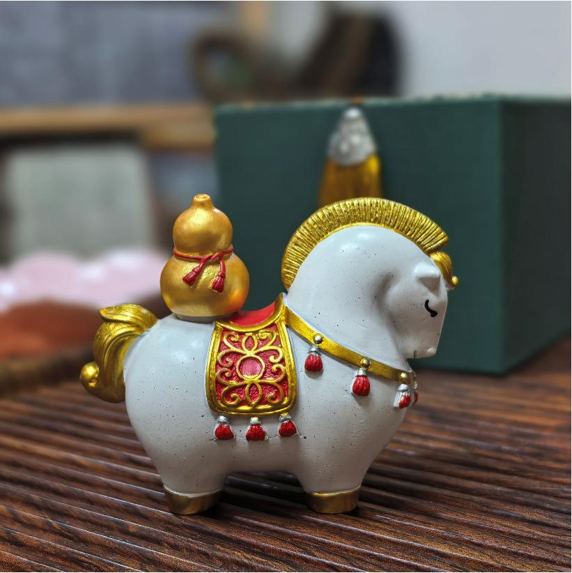 Chinese New Year Wealth & Fortune Gift Set: Year of the Horse Gold Painting with White Horse Decor