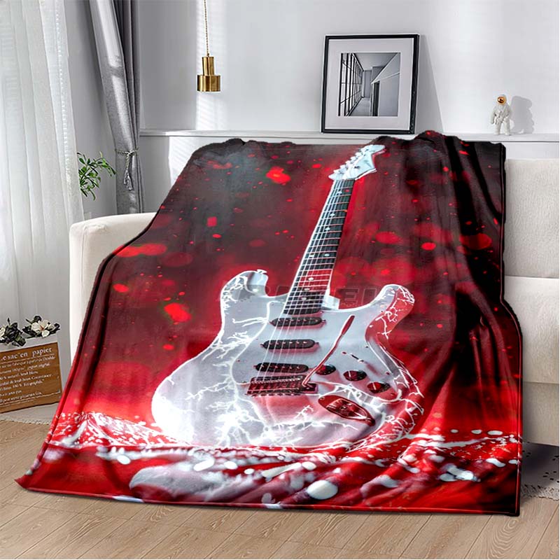 Red Lightning Electric Guitar Flannel Blanket, Soft Warm Throw with Rock Guitar Print for Bed Sofa, Cozy Bedding for Music Lovers