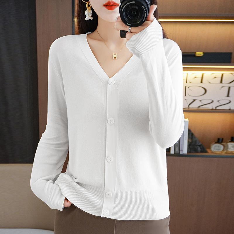 IHUASU Summer Thin Long-sleeved Ice Silk Knitted Women Cardigan Jacket Sun Shirt Air Conditioning Shirt with Skirt V-neck Outwear Tops