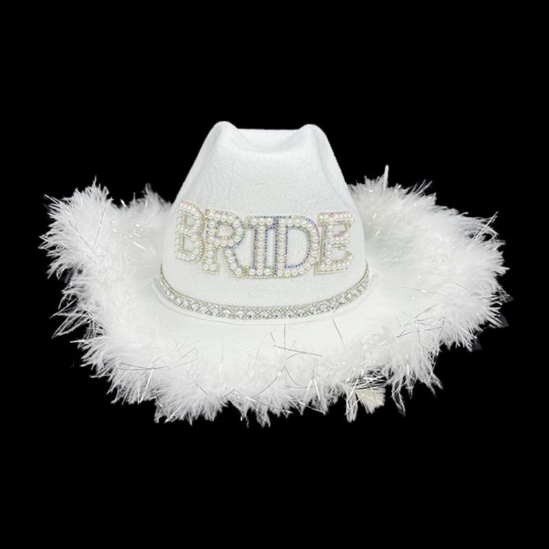 Pearl BRIDE Letter Cowboy Hats Wedding Party Cowgirl Hat Sunproof Hat with Plush Trim Western Elegant Dress Supply
