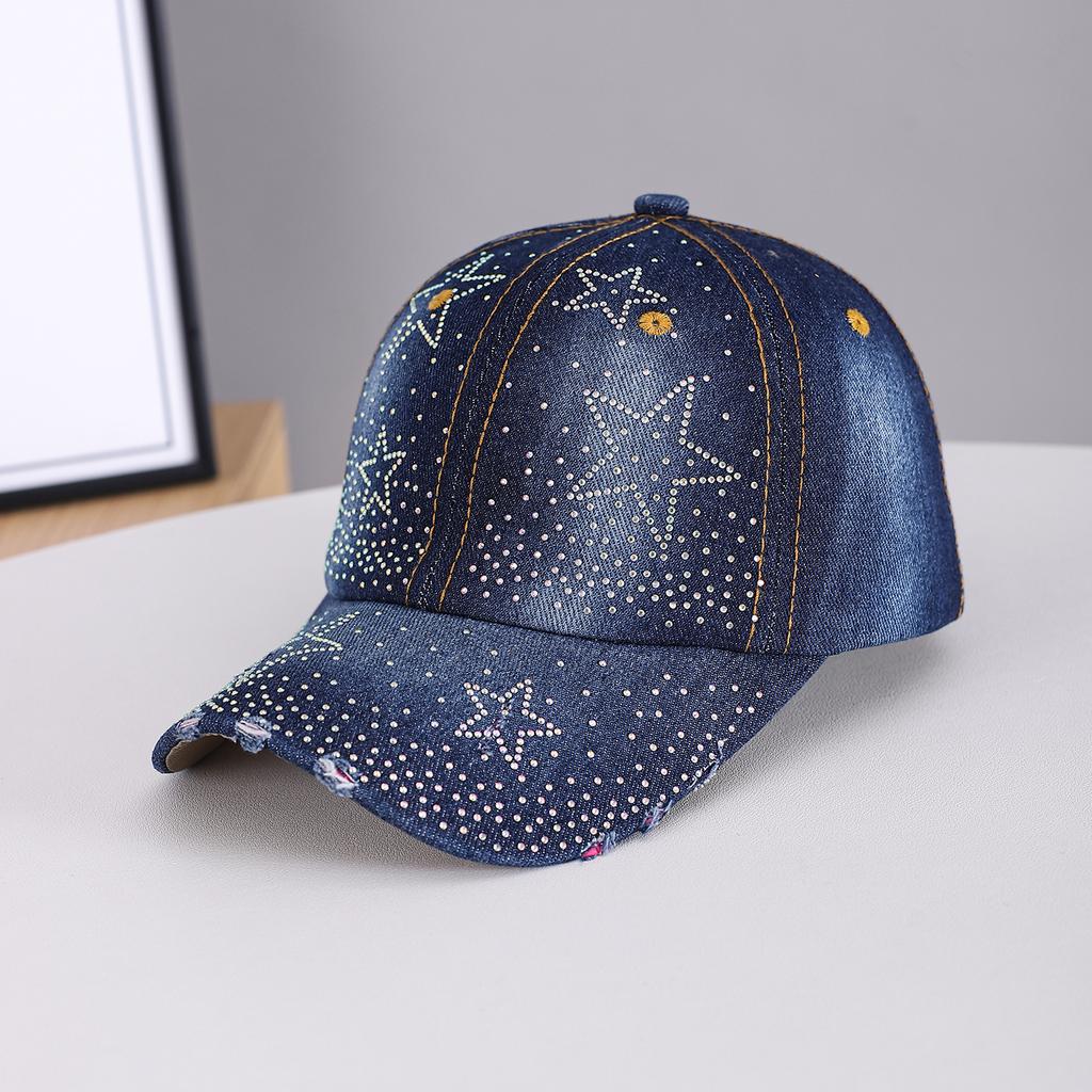 Vintage Chic Star-Shaped Rhinestone Five-Pointed Star Denim Distressed Baseball Cap - Suitable for Beach Vacation