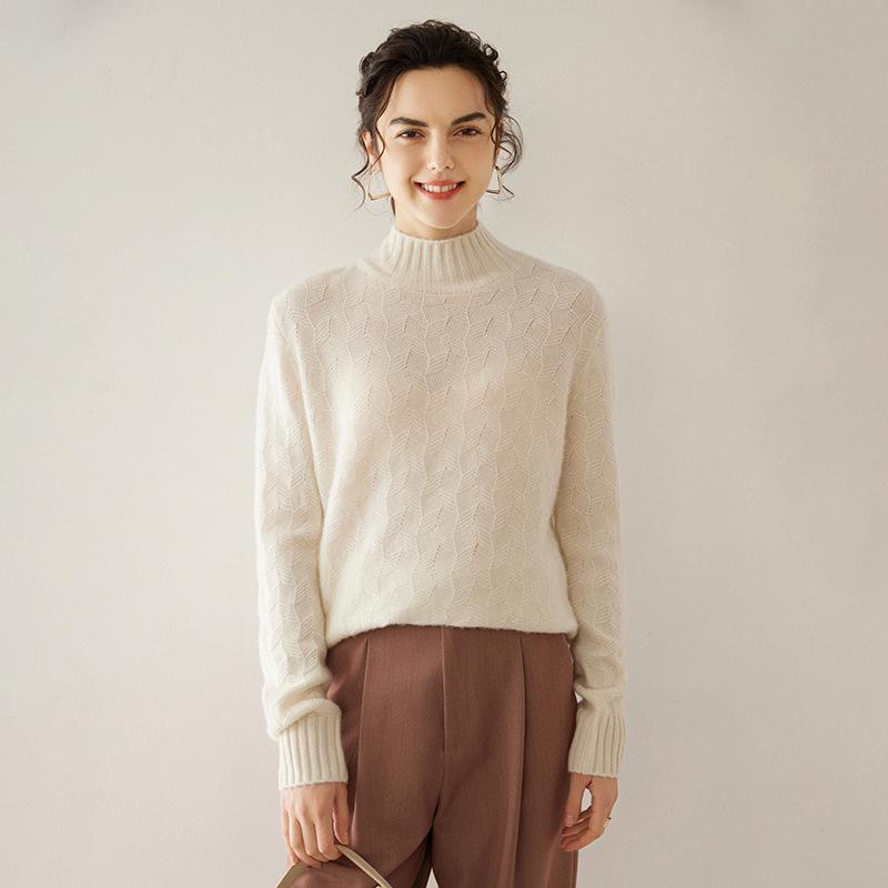 Twisted Flower Half-High Collar Cashmere Knit Sweater - Women's Solid Color, Long-Sleeve, Versatile Pullover, Comfortable Base Layer.