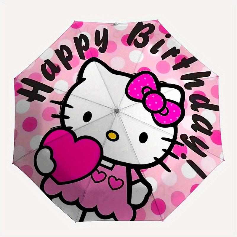 Hello Kitty, Birthday Automatic Open/Close Umbrella Cute Umbrella with Cute Design, Portable 3 Fold Compact Umbrella for Men & Women, Hallow
