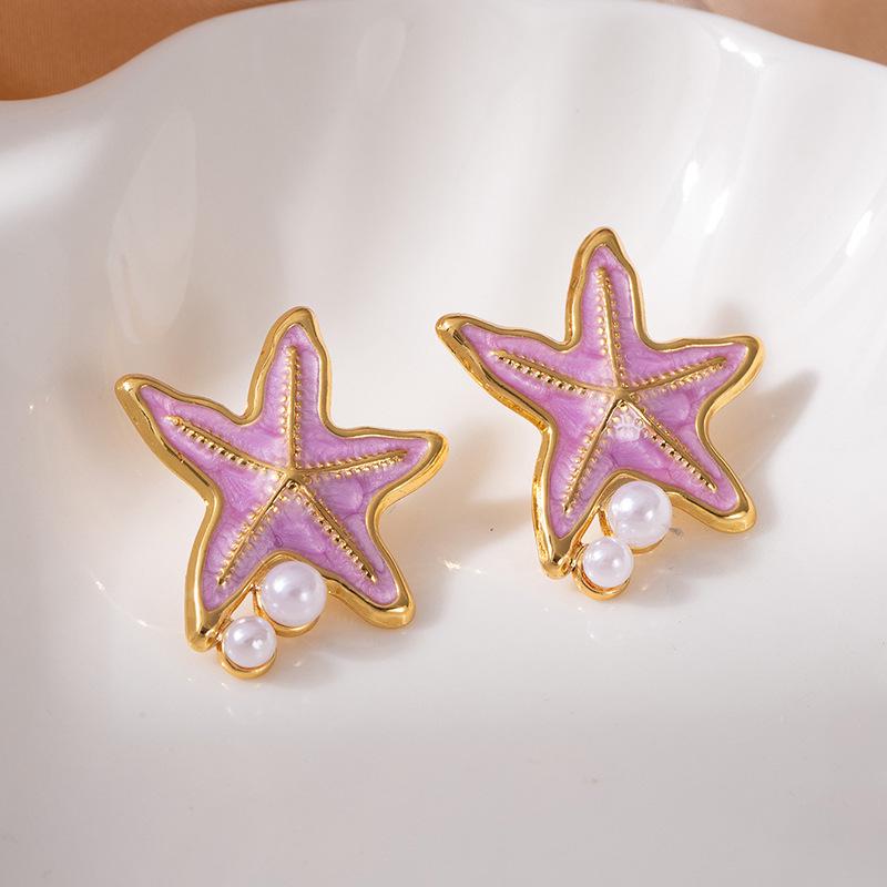 Colorful Drip Oil Starfish Mother-of-Pearl Pearl Stainless Steel Stud Earrings - Women's Non-Fading Light Luxury