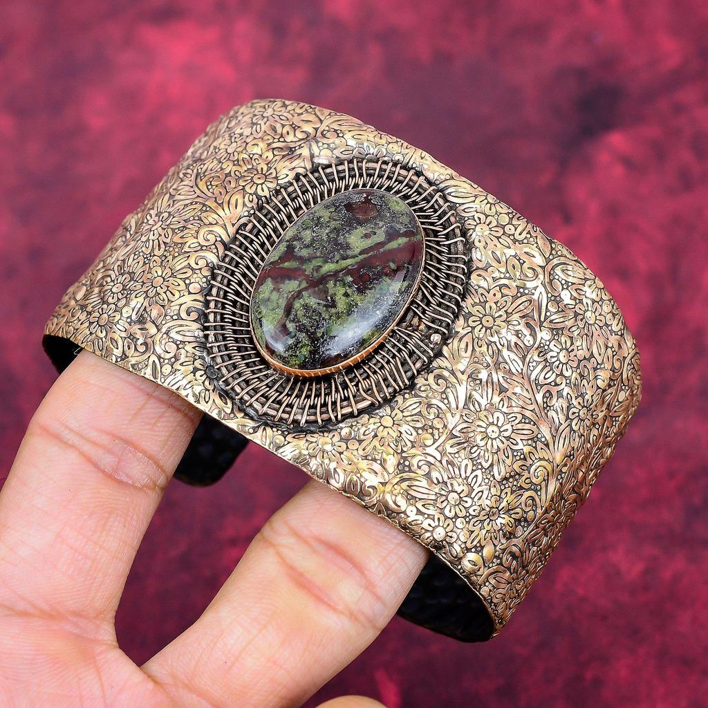 Dragon bloodstone cuff bracelet copper wire wrapped bangle real gemstone jewelry adjustable bangle handmade wire wrap jewelry gifts for wife