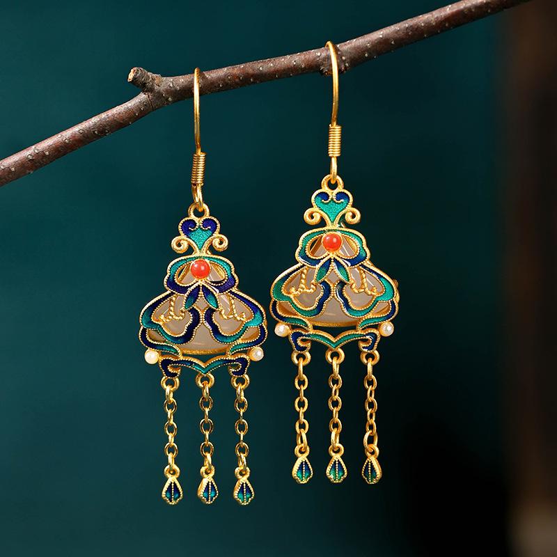 

Aieryuan Cloisonné Gold-Plated Tassel Earrings with Imitation Hetian Jade - Chinese Style Qipao Hanfu Accessories. 24K Gold Plated