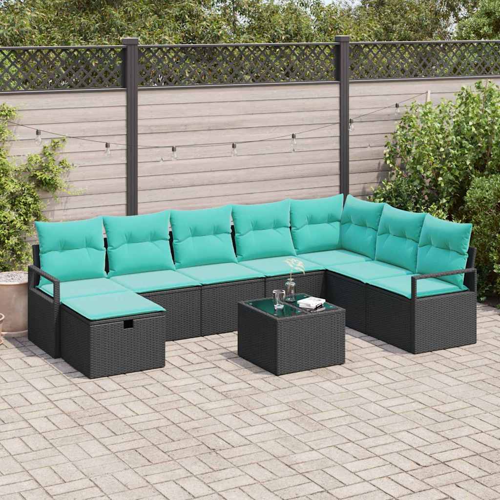 9 Piece Sofa Set with Cushions and Storage Black Poly Rattan