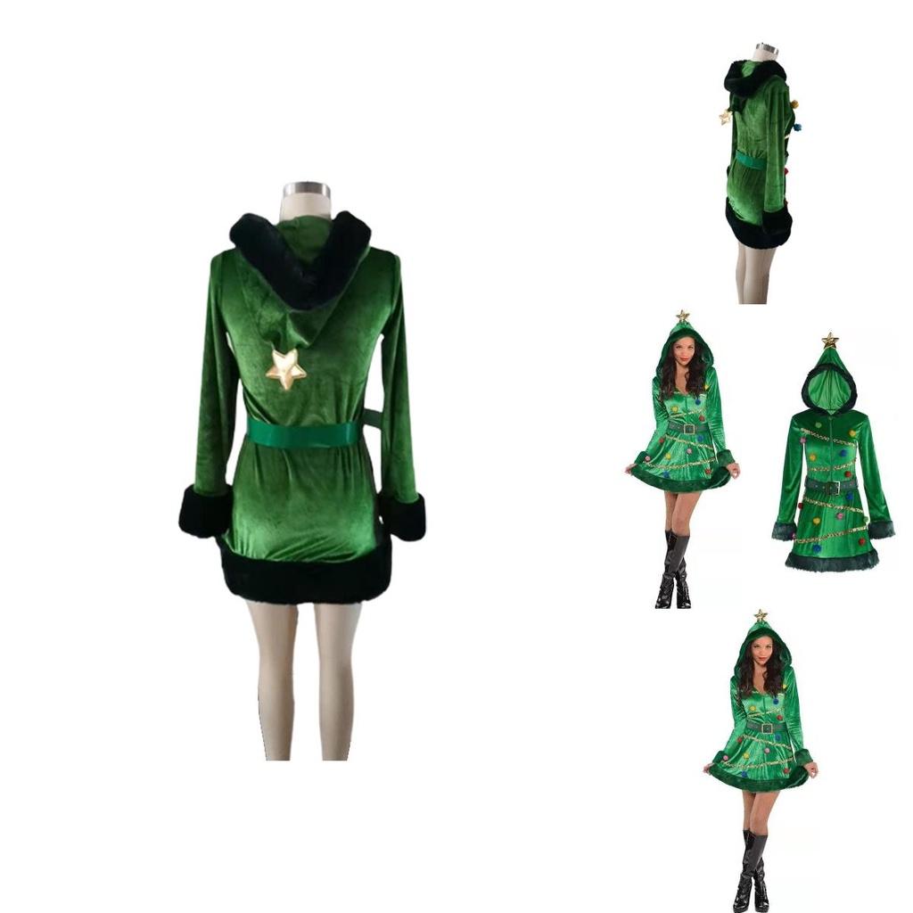Uroczy Damski Strój z Sukienką Choinkową i Paskiem, Długi Rękaw, Cosplay, Prezent na Boże Narodzenie