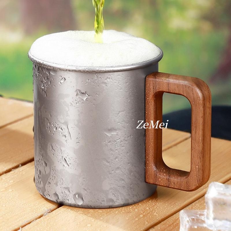 1Pcs Pure Titanium Double-Wall Coffee Mug,Wooden Handheld Water Cup Silver-Gray Drinking Office Tea Mug Exquisite Coffee Cup