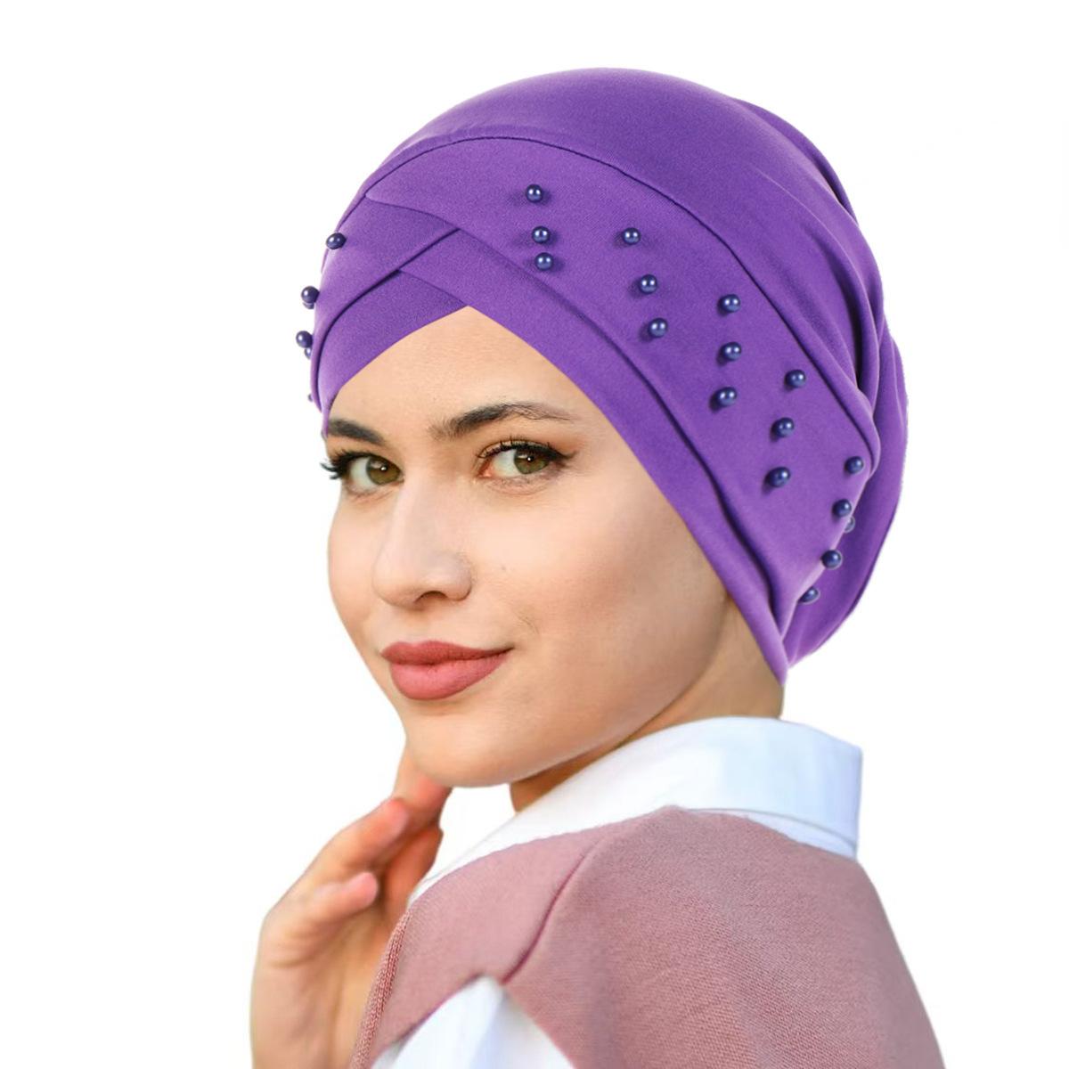 

Elastic Fabric Cross Forehead Indian Hat Beaded Headscarf Hat Chemotherapy Hat фіолетовий