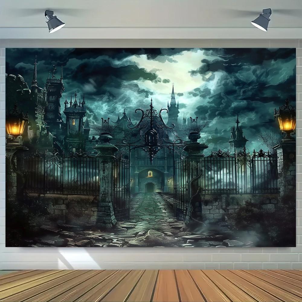 VIKAMA Gloomy Castle Iron Gate Full Moon Night Scene Tapestry Dark Mist Halloween Castle Wall Cloth Party Decoration