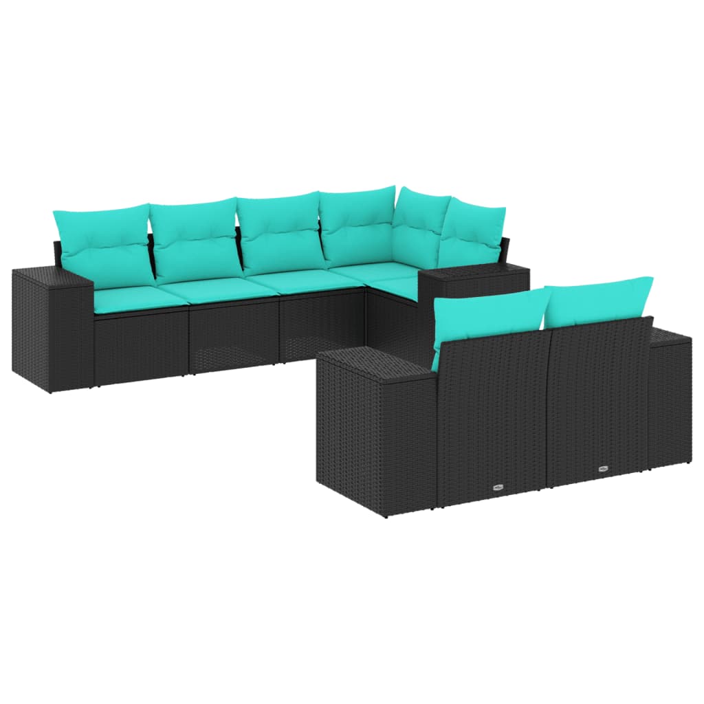 7 Piece Garden Sofa Set with Cushions Black Poly Rattan