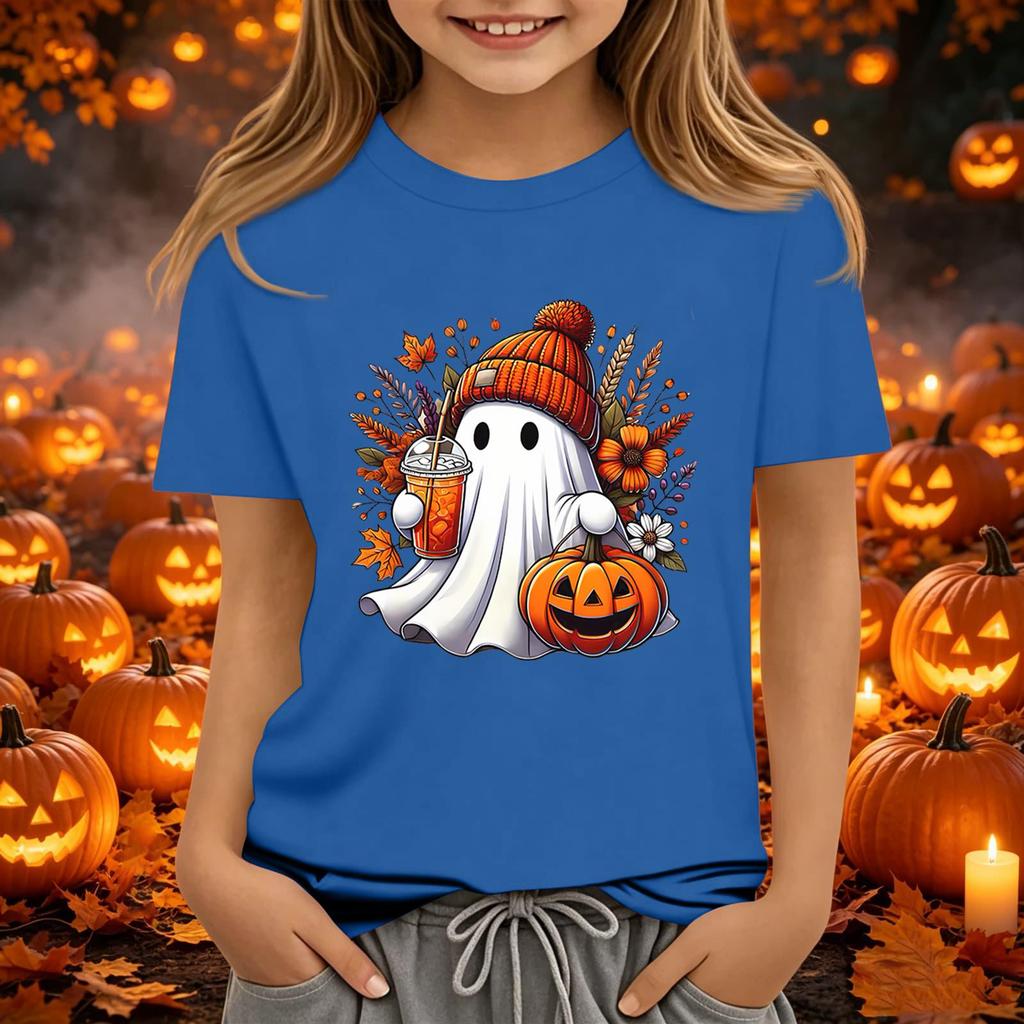 Kids Halloween Printed Short Sleeve T-Shirt Neck Relaxed Fit Casual Top for Boys and Girls