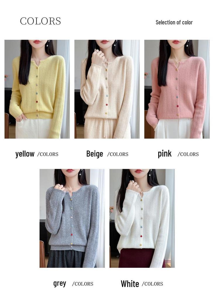 Women's Plus Size Hollow Knit Wool Cardigan - Long Sleeve, Round Neck Sweater Coat