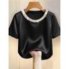 QICED Women's Fashion Casual Solid Color Print Short Sleeve O-Neck Blouses & Shirts