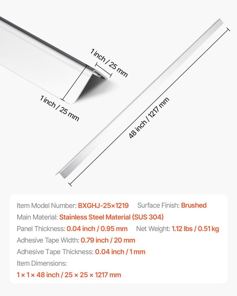 Stainless Steel Wall Corner Protector, 25 x 25 x 1217 mm , 10 Pack Metal Corner Guards, 304 Stainless Steel Edge Trim 90-Degree Angle for