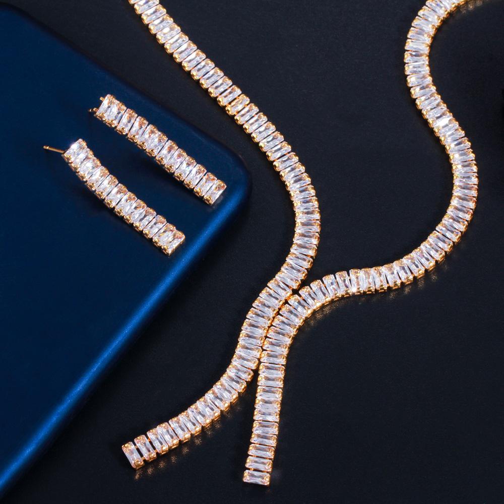 CMM Shiny Cubic Zirconia Elegant Long Dangling Drop Tassel Wedding Costume Necklace Brides Jewelry Sets for Women