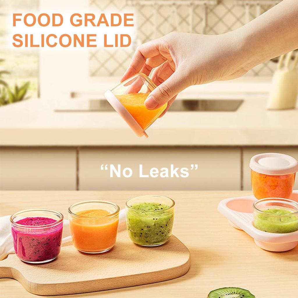 Baby Food Containers, 2.6oz 75ml Set of 4 Glass Baby Food Jars, Small Food Storage Containers with Lids and Stackable Tray, BPA-Free
