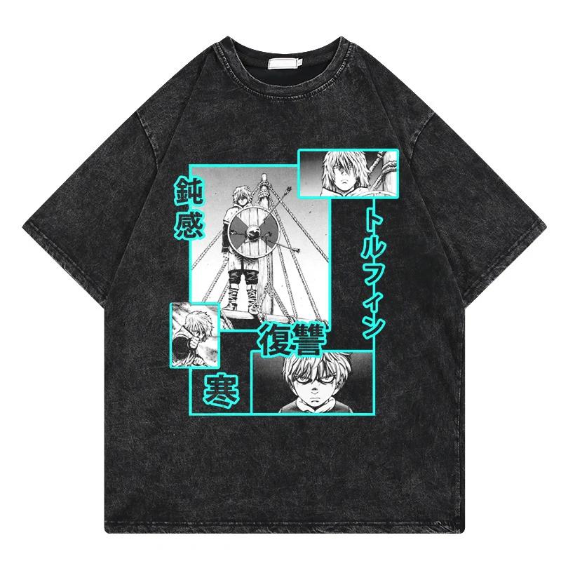 Vinland Saga Anime Vintage Washed Tshirt Graphic Print Hip Hop Streetwear Loose Y2k Summer Short Sleeve Cotton Top
