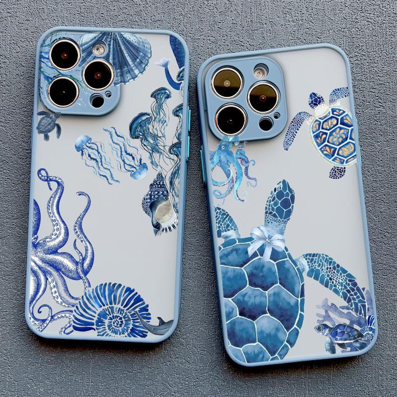 Cool Ocean Turtle Phone Case For iPhone 16 11 12 13 Pro Max Mini 15 14 Pro Max 7 8 Plus X XR Sea Blue Turtle Design Covers
