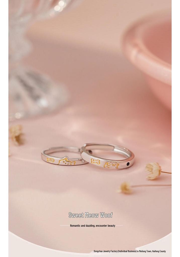 Sterling Silver S999 Sweet Meow Cat Series Couple Rings - Fresh, Playful Cartoon Gift for Girlfriend.