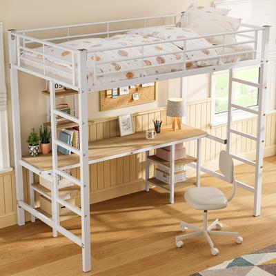 Iron Frame Bed, Bunk Bed with Table and Shelves, with Side Ladder, with Fall Protection Guardrail, Iron + MDF, White, 90x200cm