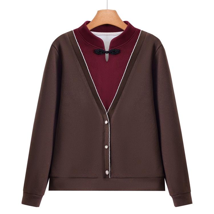 Mom's Spring and Autumn Style Fashionable Chinese Style Base Shirt Long-sleeved Clothes New Simple Knitted Sweater for Middle-aged and Elderly People