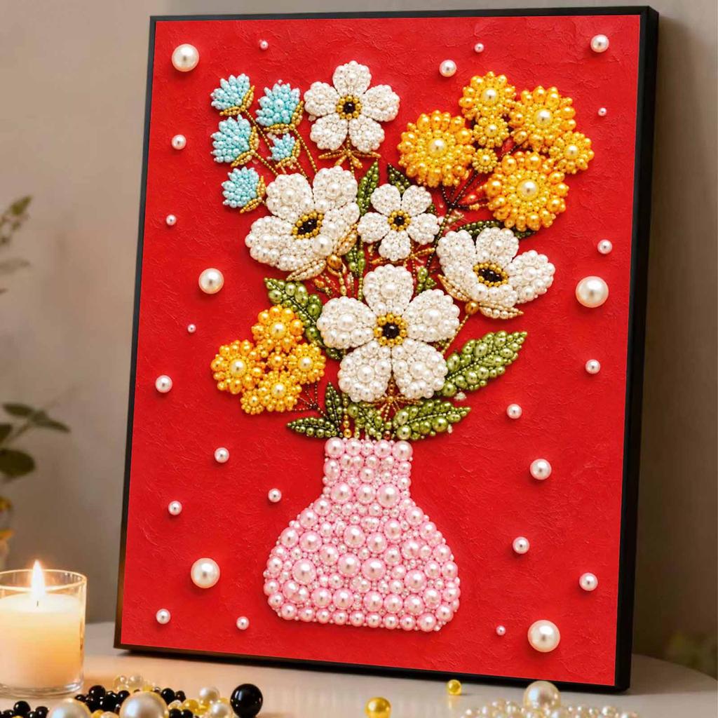 Colorful Flower Vase Floral Bouquet 5D Pearl Painting Kit with Frame DIY Sparkling Bead Canvas Art Relaxing Craft for Girls Room Decor