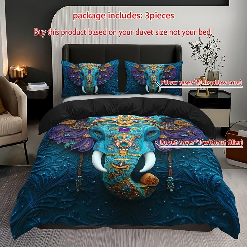 3Pcs Ethnic Style Tribal Retro Elephant Print Quilt Cover Set, 1 Quilt Cover + 2 Pillowcases Without Pillow Core High-Definition