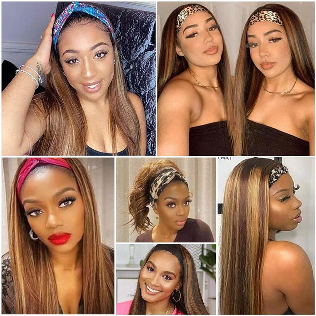 Highlight Ombre 18 Inch Headband Wig Human Hair Honey Blonde 4/27 Glueless Brazilian Virgin Straight 200% Density