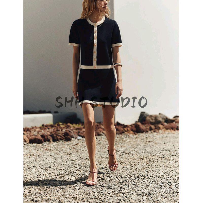Spring and Summer Short sleeve round Neck Knitted Outerwear 2142014 Simple and Versatile Comfortable Knitted Mini Skirt 2142024